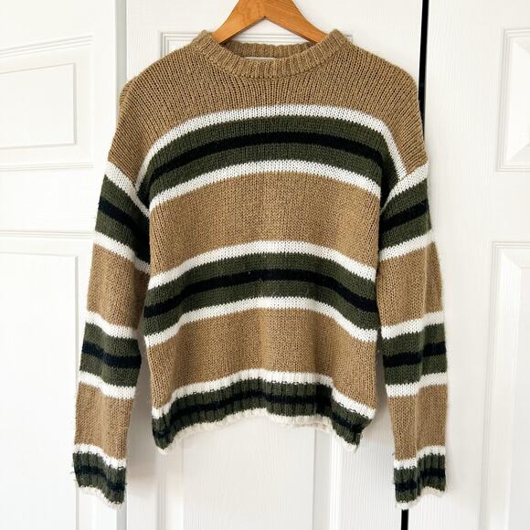 Urban Outfitters Tan Green Striped Knit Sweater Small Cozy Crewneck Pullover - Picture 2 of 5